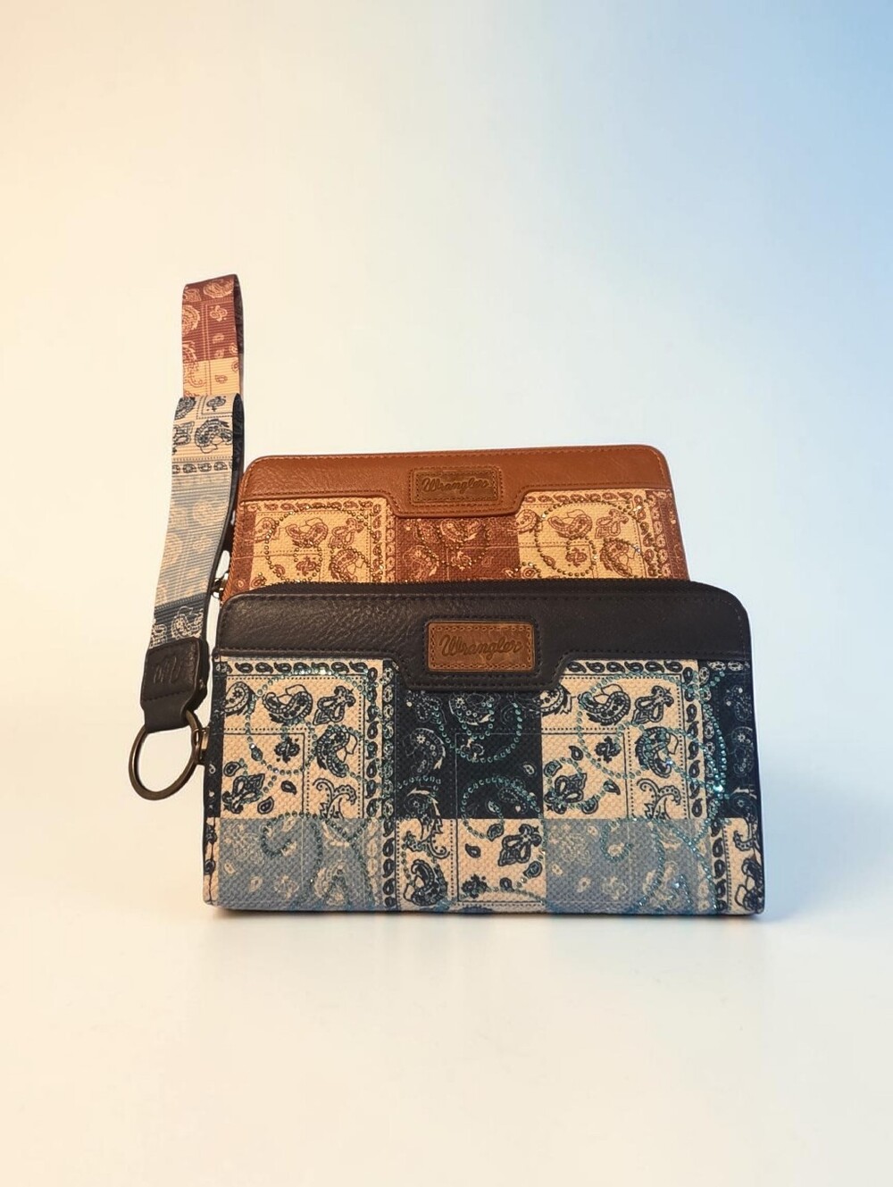 NWT Wrangler Patchwork Wristlet Wallets - Blue, Brown BUNDLE.